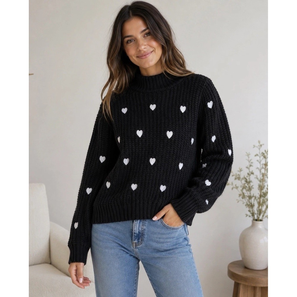 Anthropologie Embroidered Heart Mock Neck Chunky Knit Sweater Black Silver Small